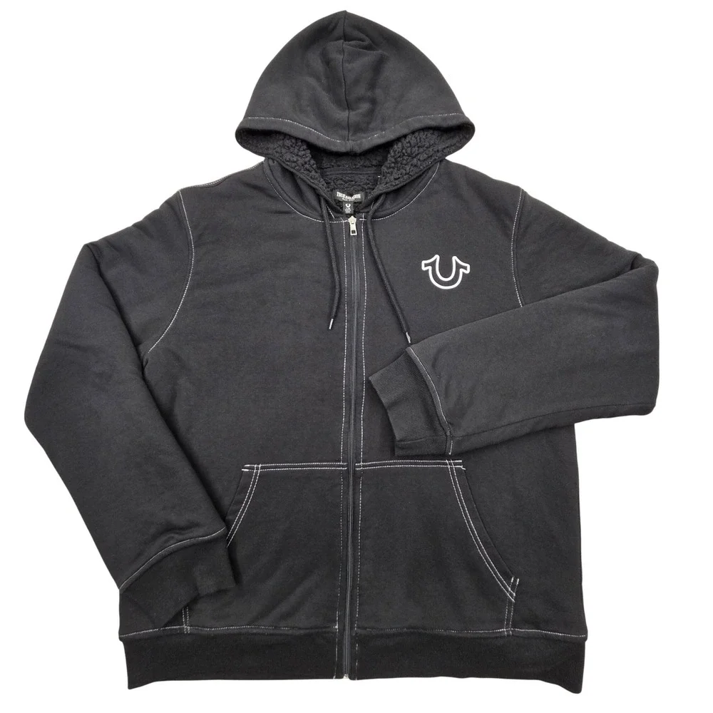 True Religion Black Sherpa Lined Zip Hoodie Buddha Logo Size Mens Large